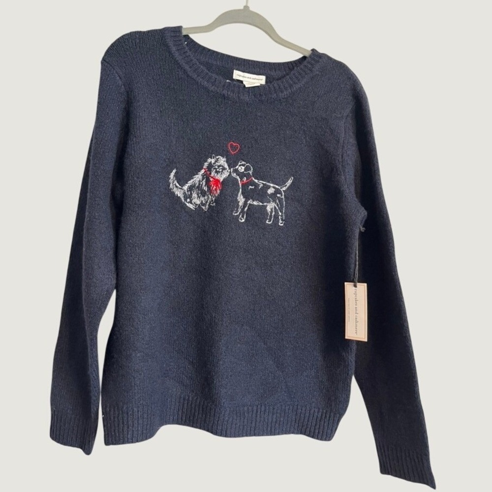 Cupcakes and Cashmere Navy Blue Dog Puppy Love Heart Embroidered Knit Sweater L